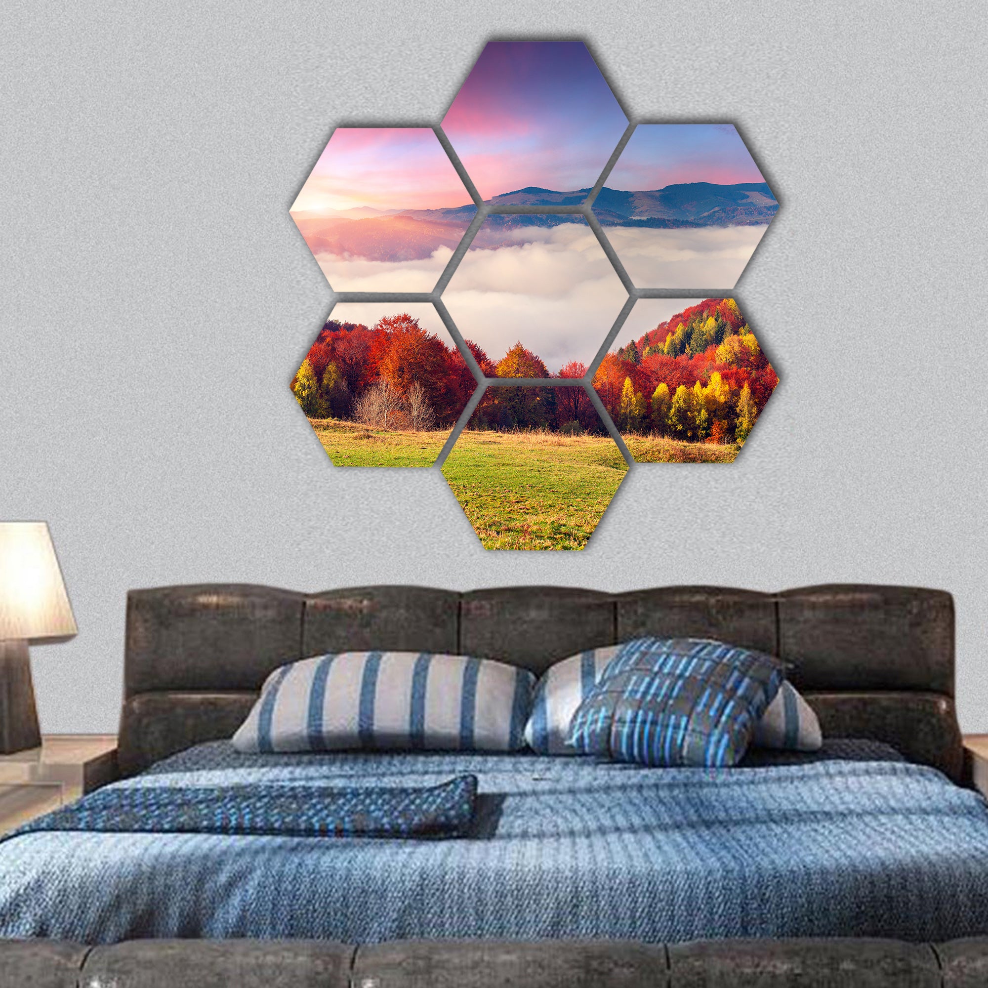 Autumn morning in the Carpathian mountains, Europe hexagonal canvas wall art