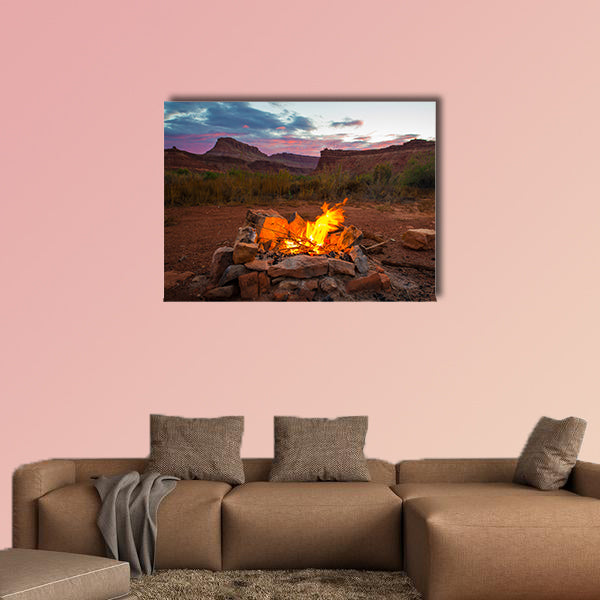 Natural bonfire on the bottom of the canyon after Sunset Utah Landscape multi panel canvas wall art
