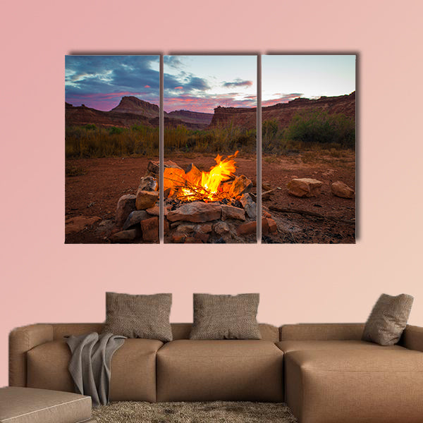 Natural bonfire on the bottom of the canyon after Sunset Utah Landscape multi panel canvas wall art