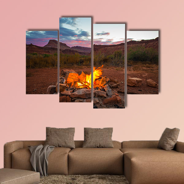 Natural bonfire on the bottom of the canyon after Sunset Utah Landscape multi panel canvas wall art