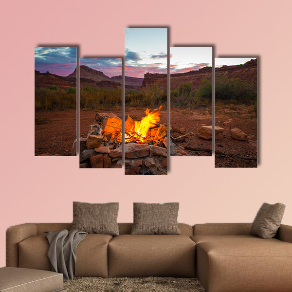 Natural bonfire on the bottom of the canyon after Sunset Utah Landscape multi panel canvas wall art