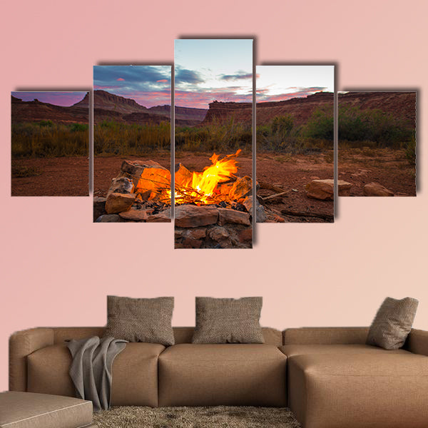 Natural bonfire on the bottom of the canyon after Sunset Utah Landscape multi panel canvas wall art