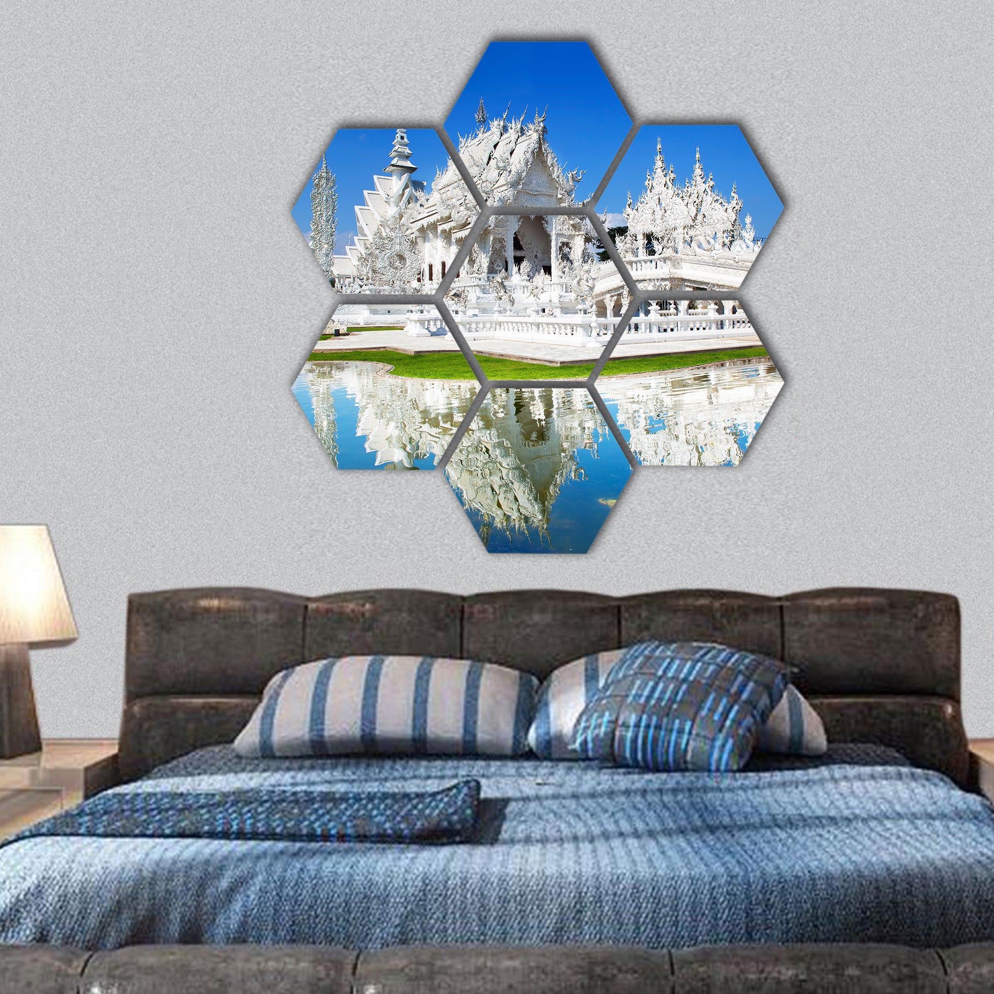 White Temple, Landmark in Chiang Rai, Thailand hexagonal canvas wall art