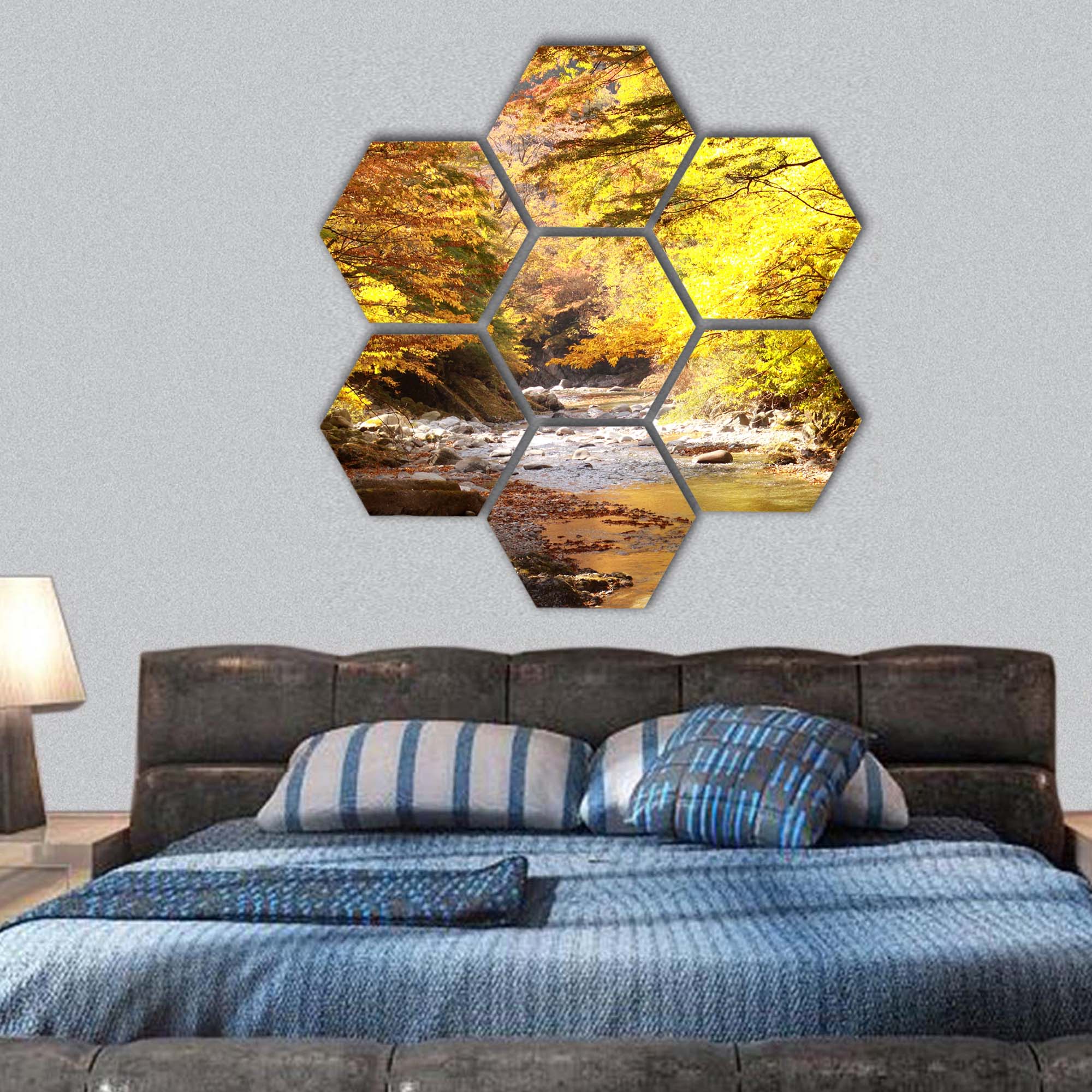 Autumnal leaves and clear stream hexagonal canvas wall art