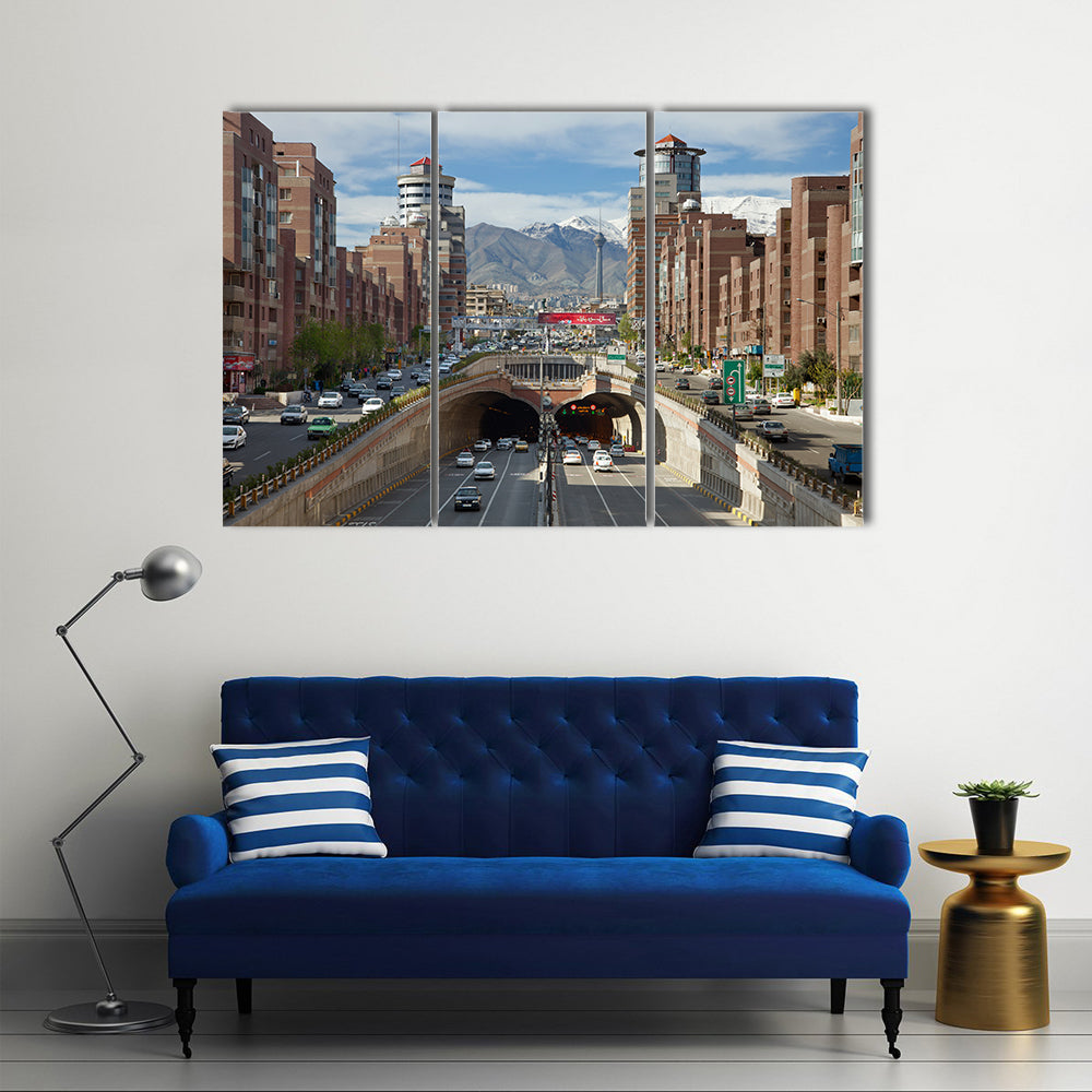 Cars Passing Through Tohid Tunnel of Tehran with Milad Tower and Alborz Mountains in the Background Multi Panel Canvas Wall Art