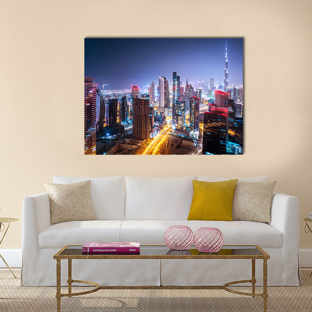 Beautiful night cityscape of Dubai, United Arab Emirates multi panel canvas wall art