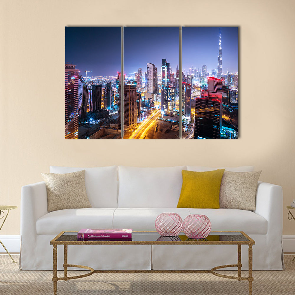 Beautiful night cityscape of Dubai, United Arab Emirates multi panel canvas wall art