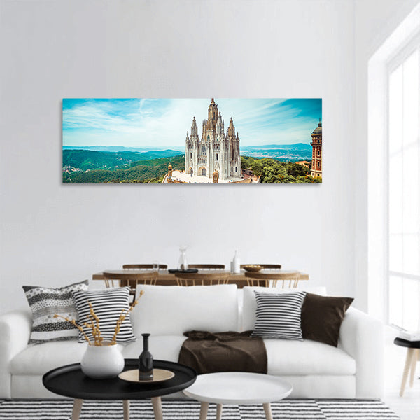 Tibidabo church on mountain in Barcelona with christ statue panoramic canvas wall art