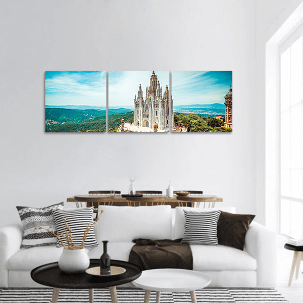 Tibidabo church on mountain in Barcelona with christ statue panoramic canvas wall art