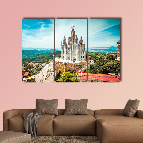 Tibidabo church on mountain in Barcelona with Christ statue multi panel canvas wall art