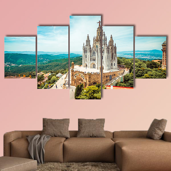 Tibidabo church on mountain in Barcelona with Christ statue multi panel canvas wall art