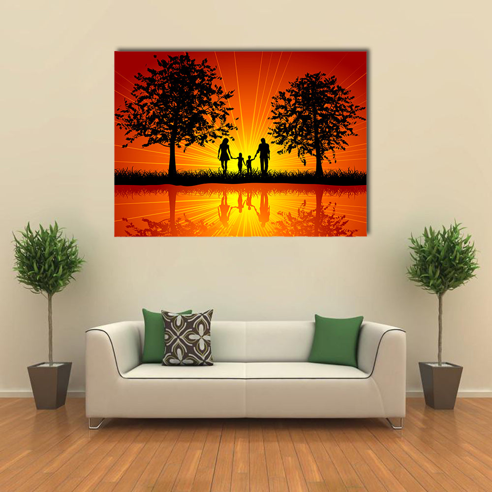 Silhouette of a family walking outside under trees multi panel canvas wall art