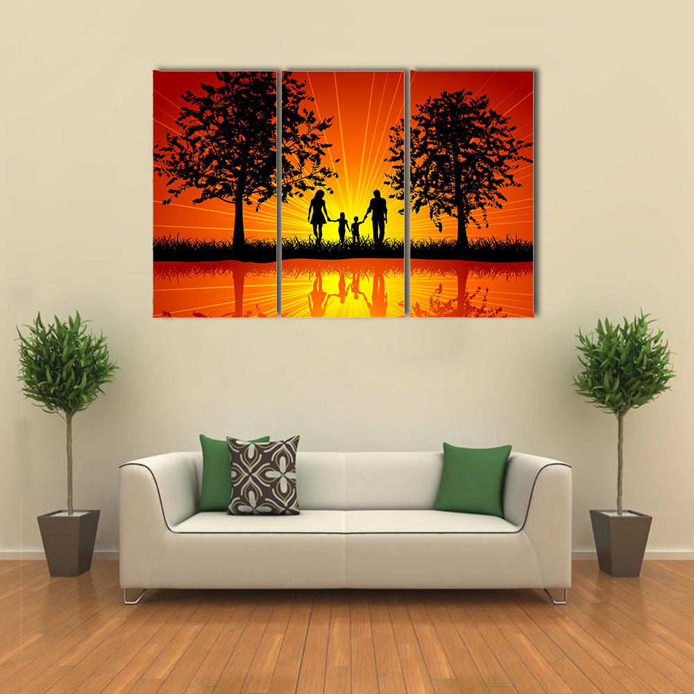 Silhouette of a family walking outside under trees multi panel canvas wall art