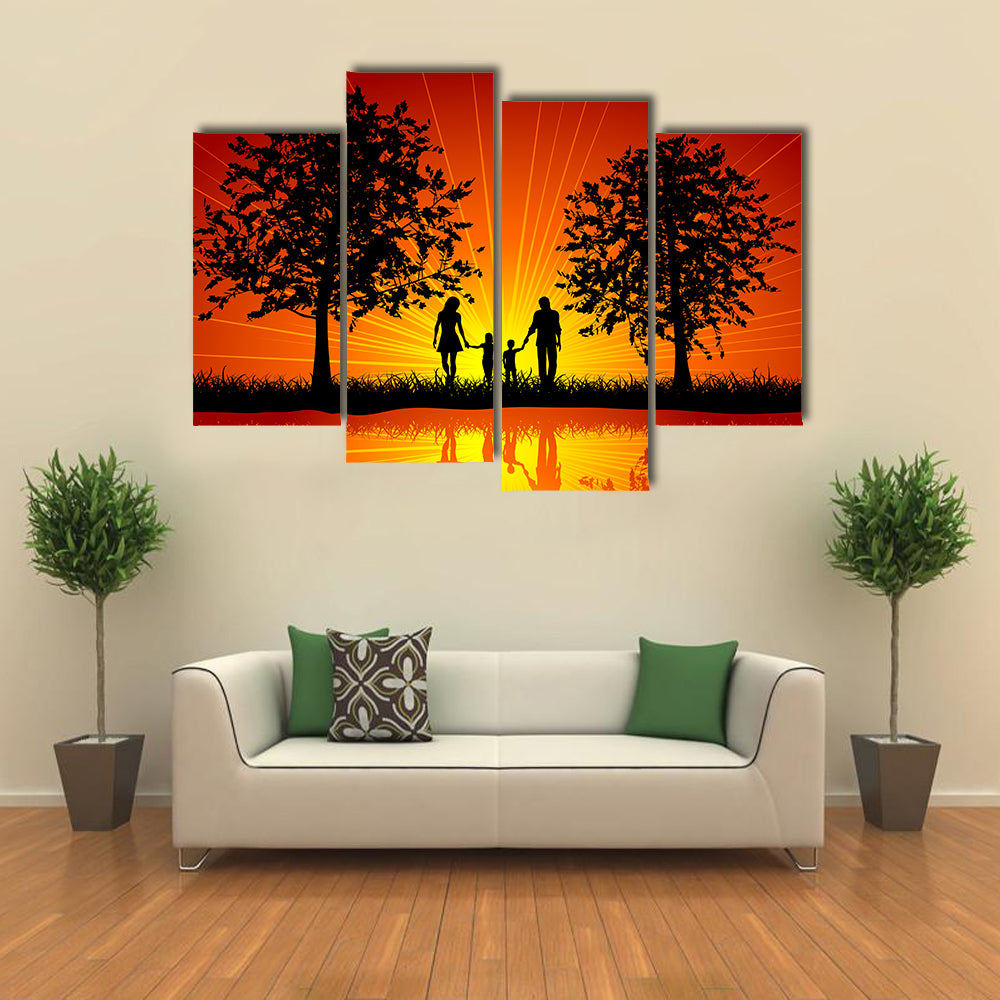 Silhouette of a family walking outside under trees multi panel canvas wall art