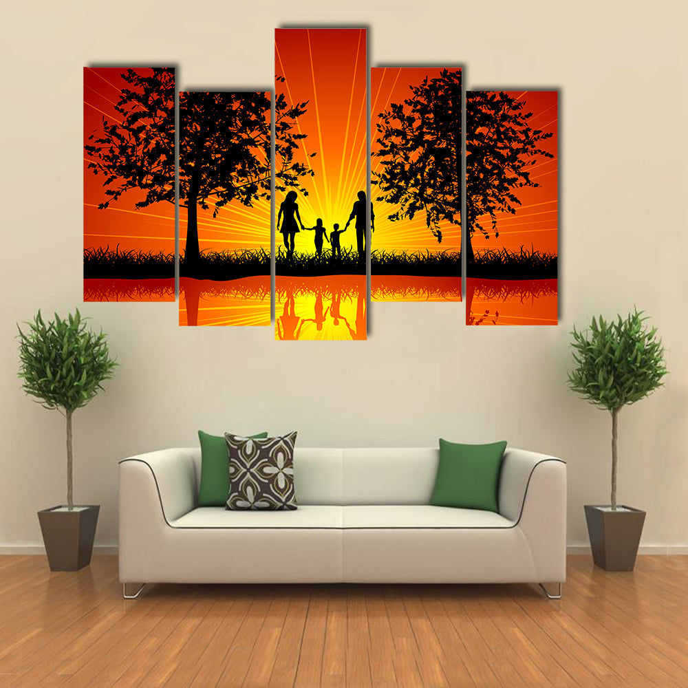 Silhouette of a family walking outside under trees multi panel canvas wall art