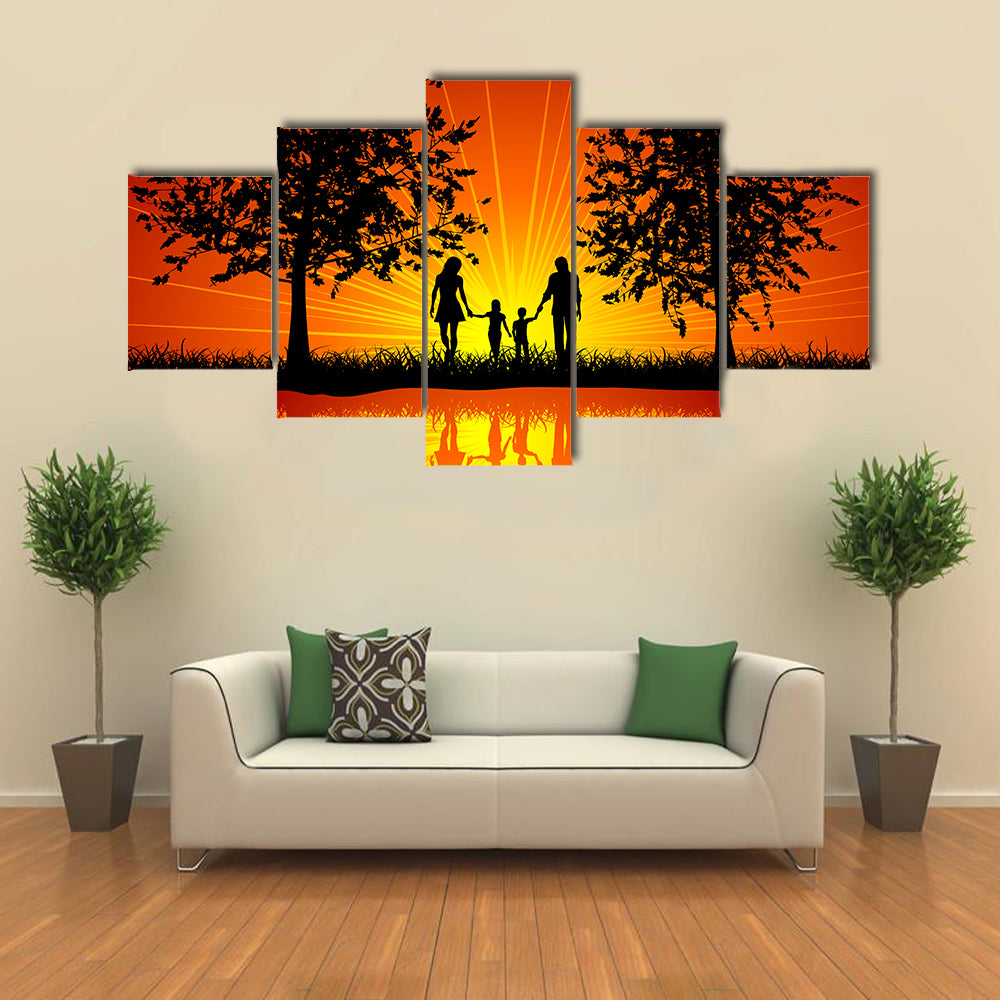 Silhouette of a family walking outside under trees multi panel canvas wall art