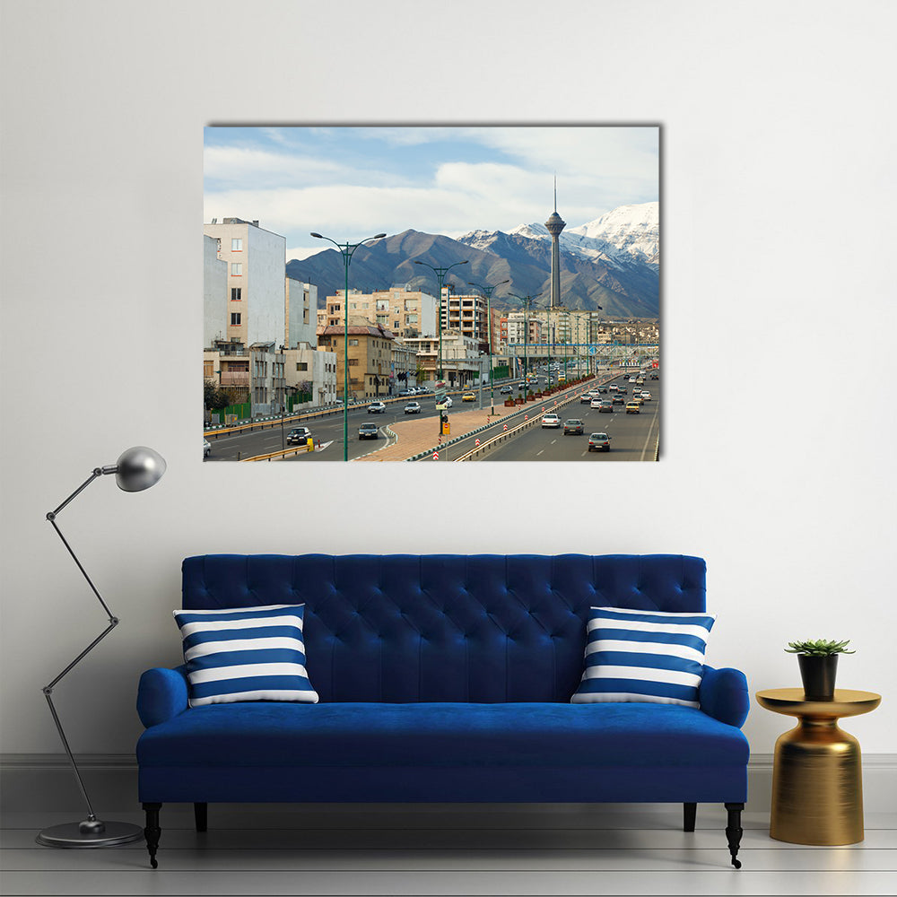 Cars passing in a highway of Tehran with Milad Tower and Alborz Mountains in the background Multi Panel Canvas Wall Art