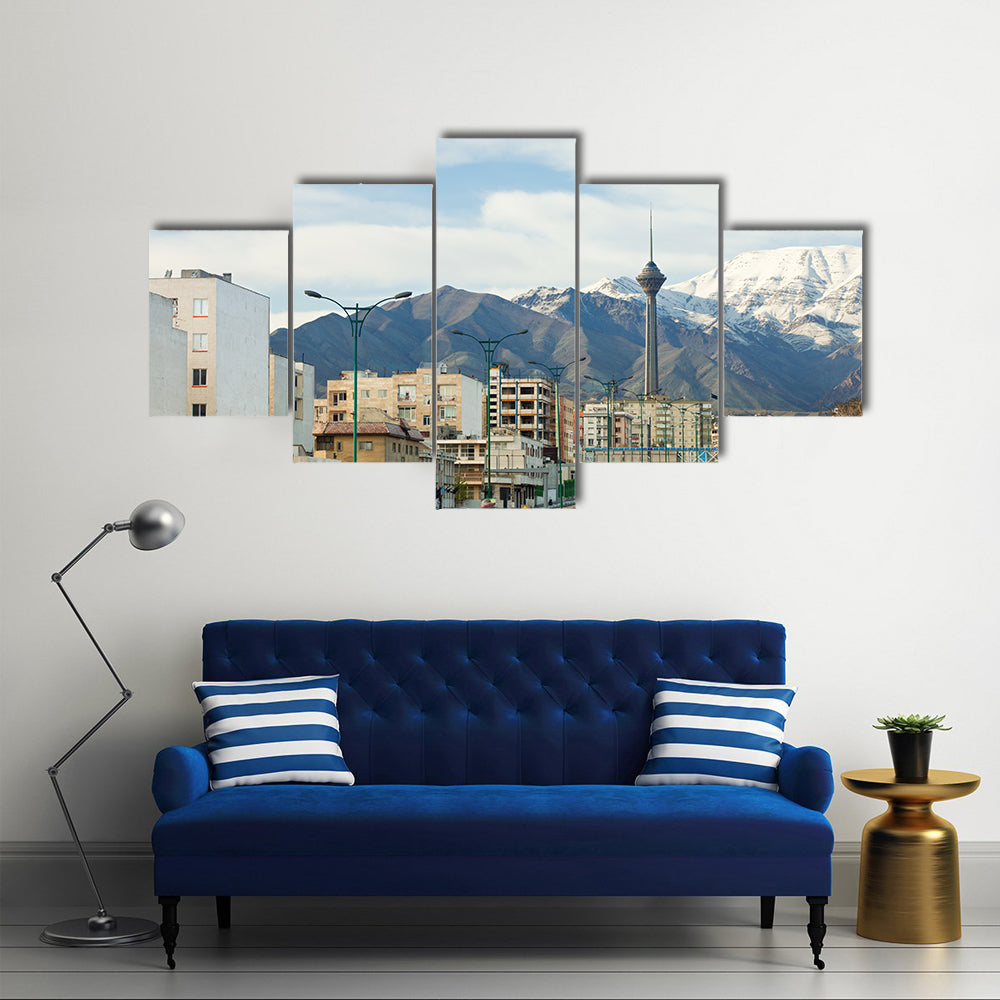 Cars passing in a highway of Tehran with Milad Tower and Alborz Mountains in the background Multi Panel Canvas Wall Art