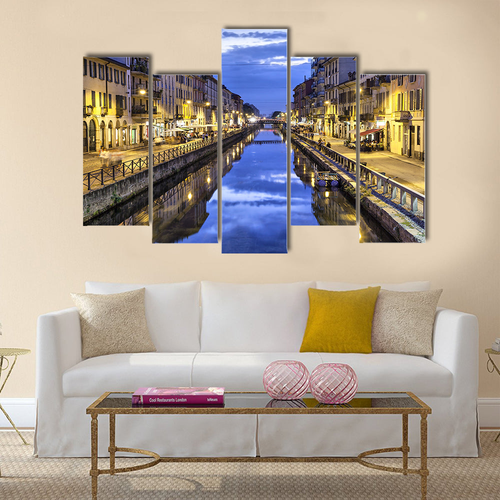 Amazing Naviglio Grand canal in the evening, Milan, Italy multi panel canvas wall art
