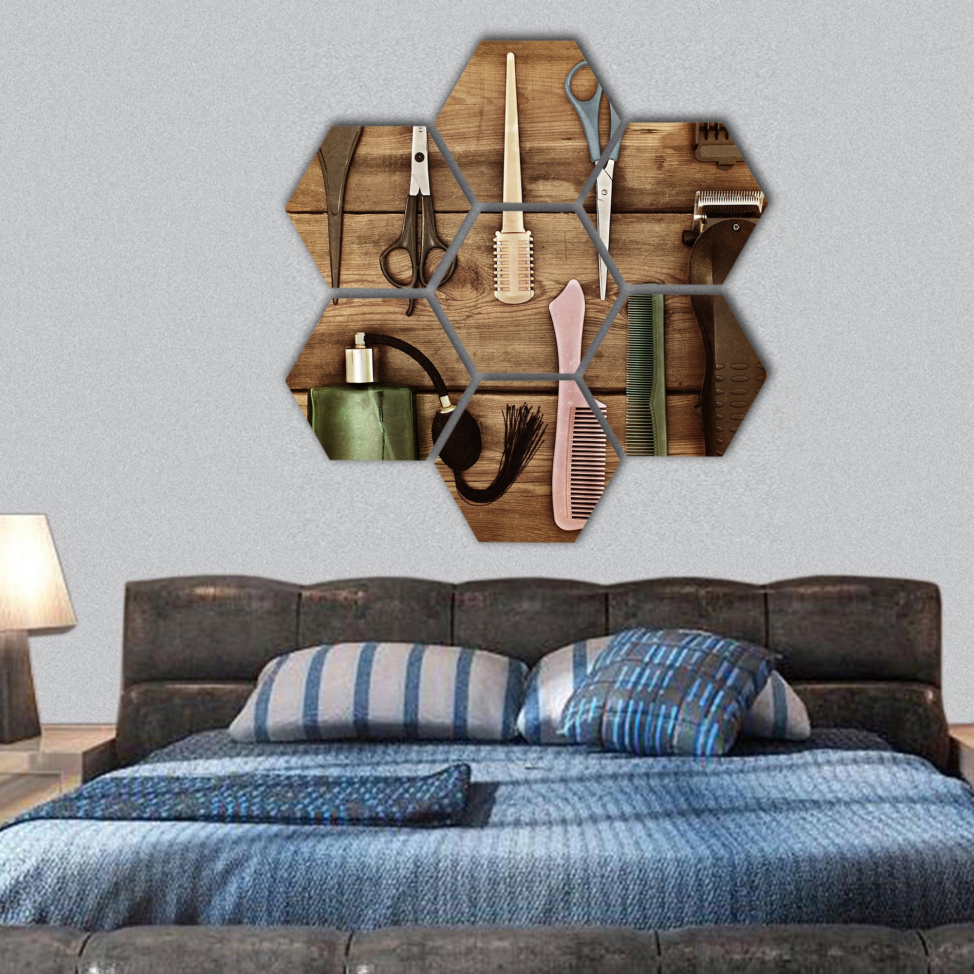 Scissors and combs on a wooden table hexagonal canvas wall art