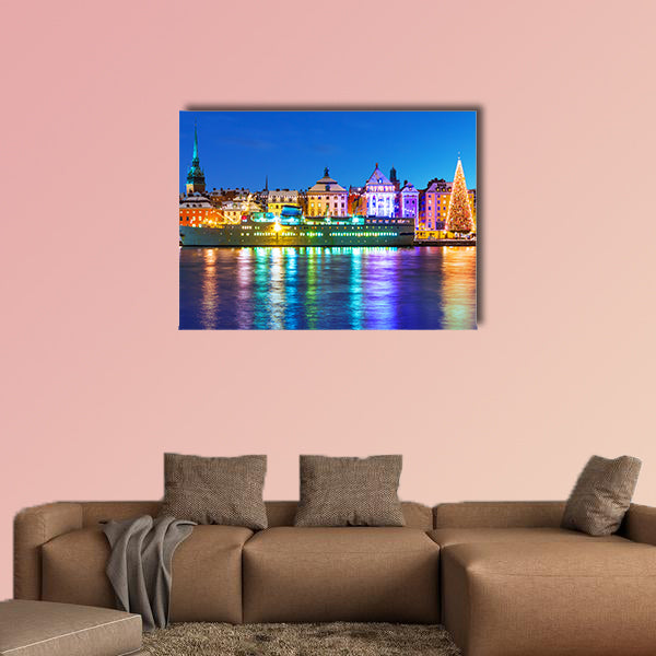 Beautiful winter scenery panorama of the Old Town in Stockholm multi panel canvas wall art