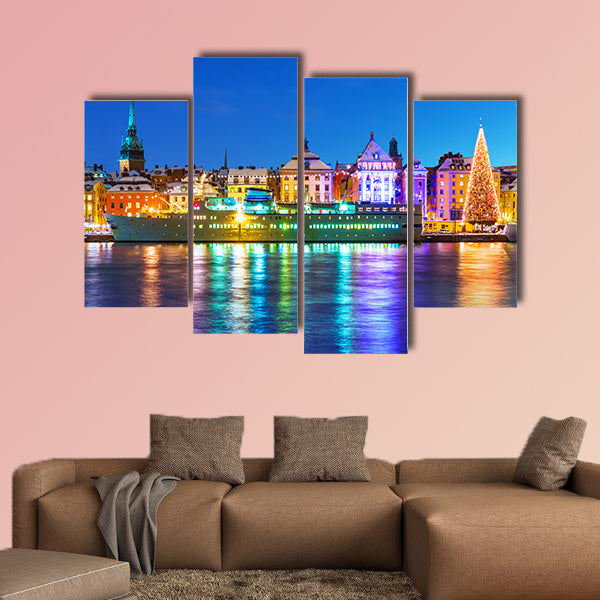 Beautiful winter scenery panorama of the Old Town in Stockholm multi panel canvas wall art