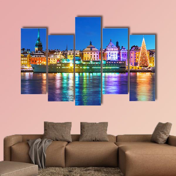 Beautiful winter scenery panorama of the Old Town in Stockholm multi panel canvas wall art