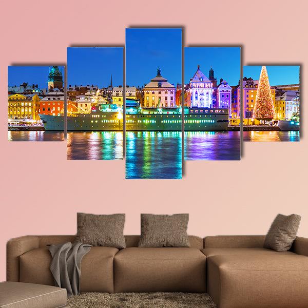 Beautiful winter scenery panorama of the Old Town in Stockholm multi panel canvas wall art