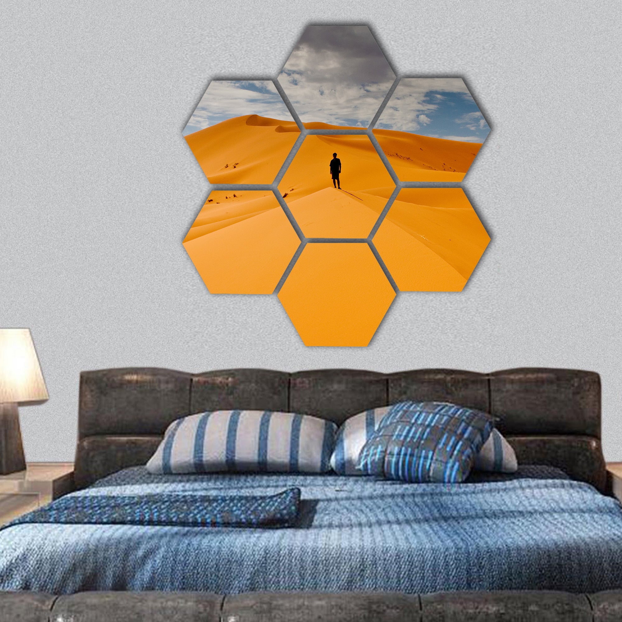 Man lost in desert dunes hexagonal canvas wall art