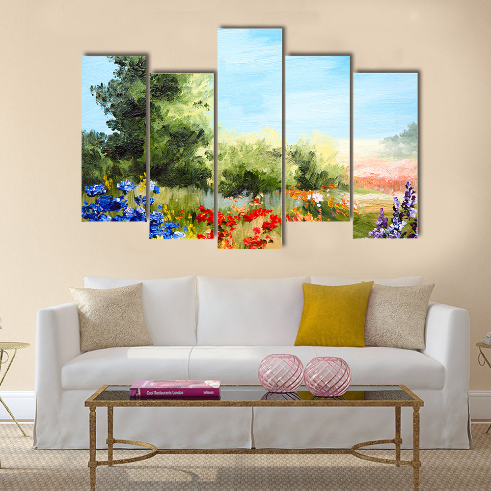 Oil painting - field of flowers, abstract drawing Multi Panel Canvas Wall Art
