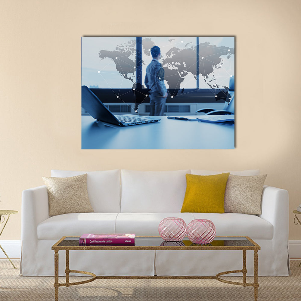 businessman with laptop, globalization concept Multi panel canvas wall art