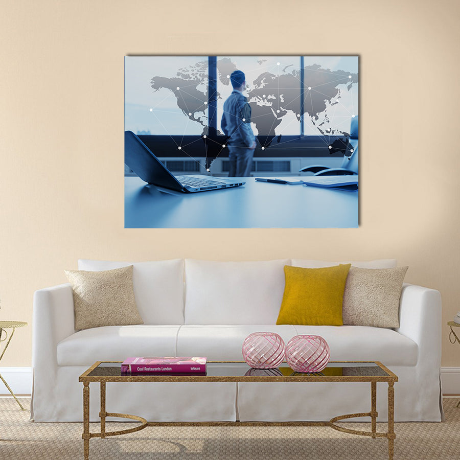 businessman with laptop, globalization concept Multi panel canvas wall art
