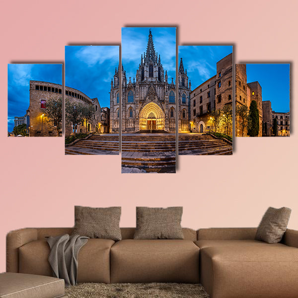 Panorama of Cathedral of the Holy Cross and Saint Eulalia multi panel canvas wall art