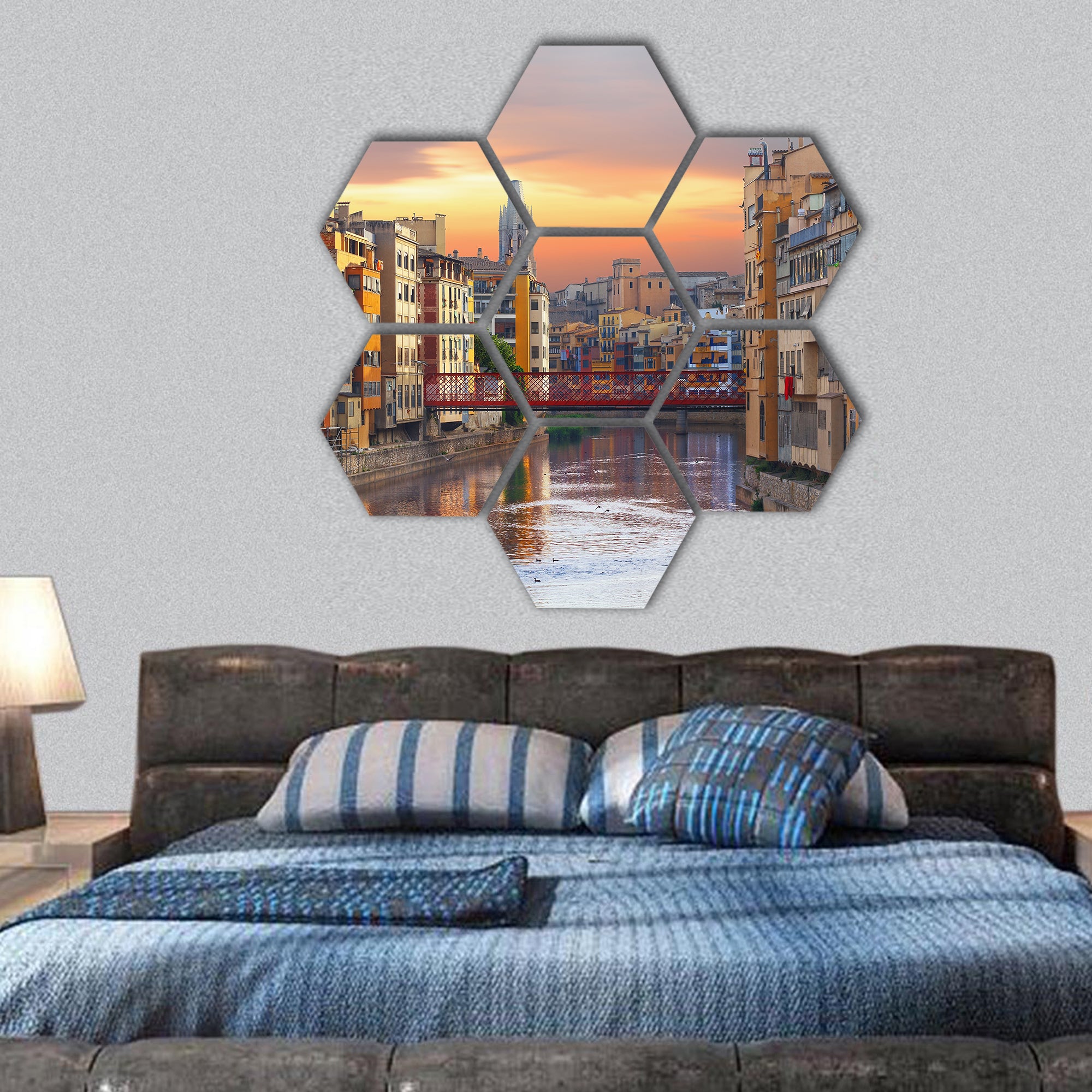 historical Jewish quarter in Girona hexagonal canvas wall art