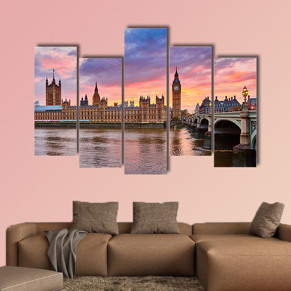 Cityscape of Big Ben Thames at sunset, London, UK multi panel canvas wall art