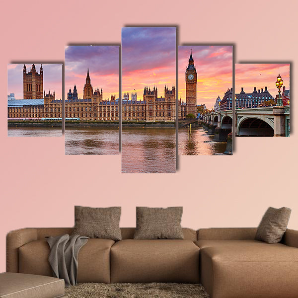Cityscape of Big Ben Thames at sunset, London, UK multi panel canvas wall art