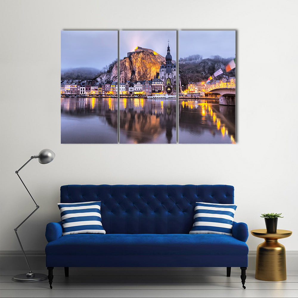 Church and Citadel reflecting in river, Dinant, Wallonia, Belgium Multi panel canvas wall art