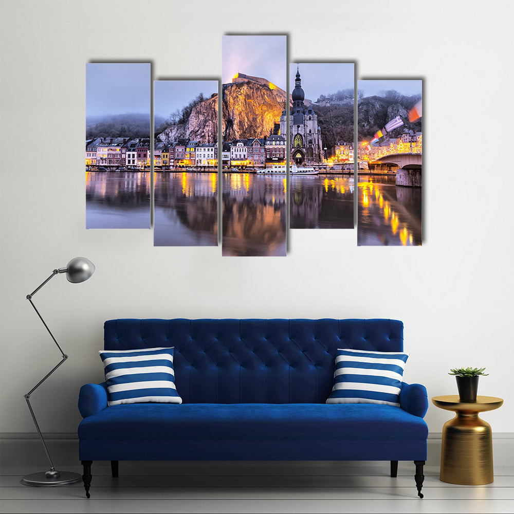 Church and Citadel reflecting in river, Dinant, Wallonia, Belgium Multi panel canvas wall art