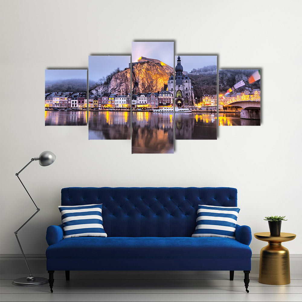Church and Citadel reflecting in river, Dinant, Wallonia, Belgium Multi panel canvas wall art