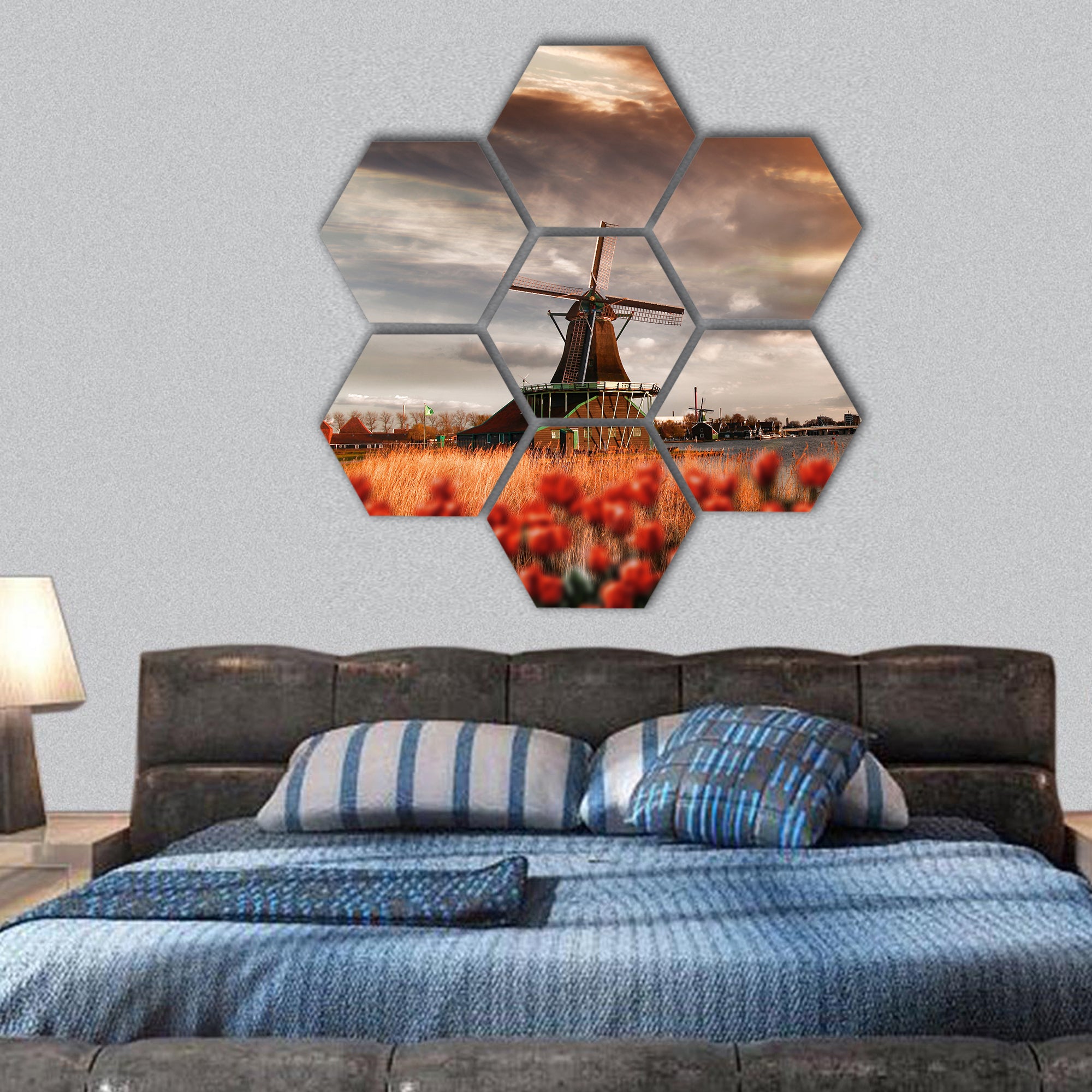 Dutch windmills with red tulips, Holland hexagonal canvas wall art