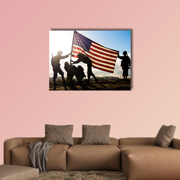 Soldiers in WWII uniforms recreating the raising of multi panel canvas wall art
