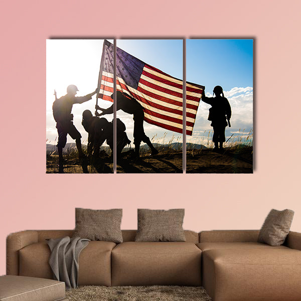 Soldiers in WWII uniforms recreating the raising of multi panel canvas wall art