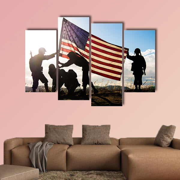 Soldiers in WWII uniforms recreating the raising of multi panel canvas wall art