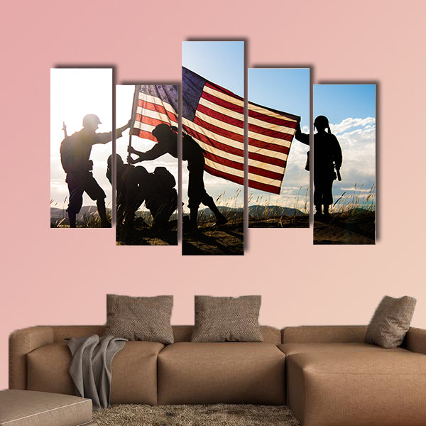 Soldiers in WWII uniforms recreating the raising of multi panel canvas wall art