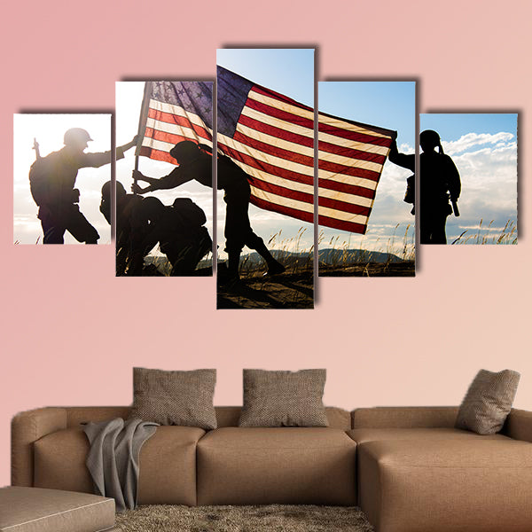 Soldiers in WWII uniforms recreating the raising of multi panel canvas wall art