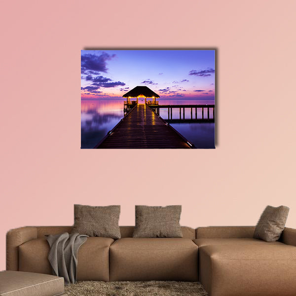 Water cafe at sunset, Maldives vacation background multi panel canvas wall art