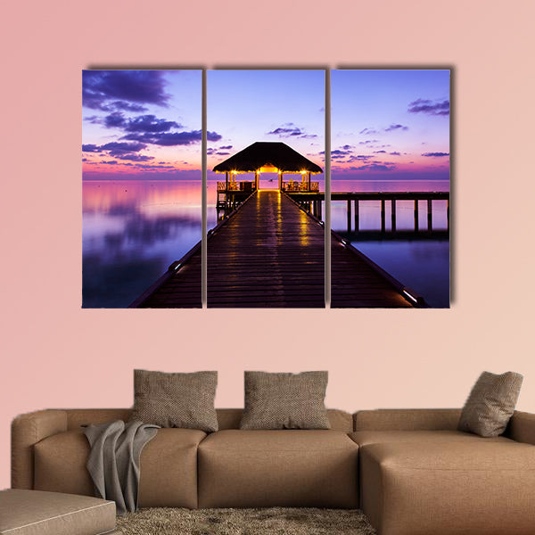 Water cafe at sunset, Maldives vacation background multi panel canvas wall art