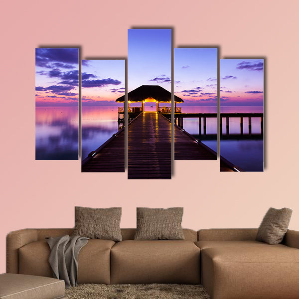Water cafe at sunset, Maldives vacation background multi panel canvas wall art