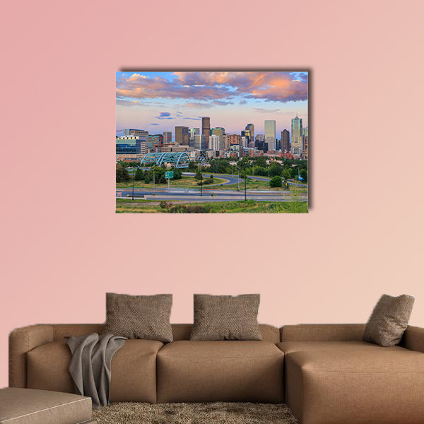Panorama of Denver skyline long exposure at twilight multi panel canvas wall art