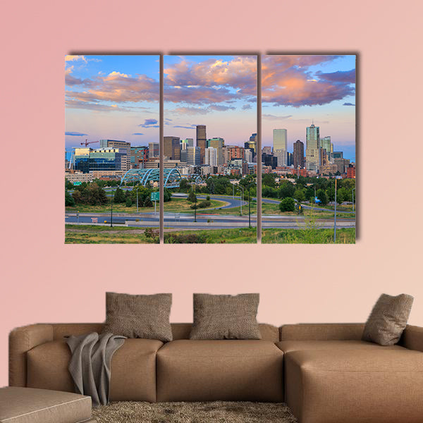 Panorama of Denver skyline long exposure at twilight multi panel canvas wall art
